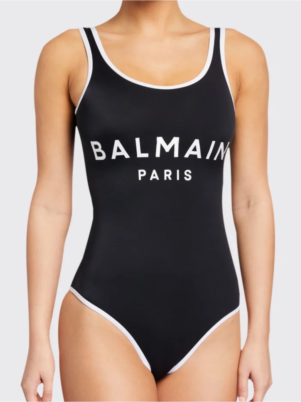 Black White Logo White Trim One-Piece Fashion Swimsuit Size Full Coverage.